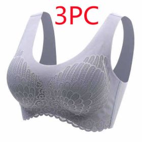 Natural Thai Latex Underwear 4.0 Angel Wings Seamless One Piece Women'S Lace Sports Bra Without Steel Ring (Option: Grey 3PC-XL)